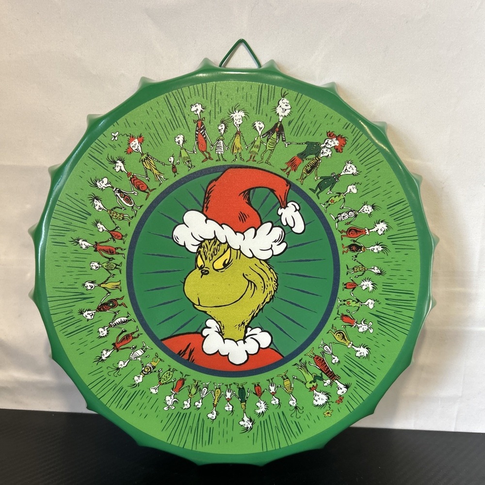 Dr. Seuss How the GRINCH Stole Christmas Round Metal Bottle Cap Sign Decor 11.6"